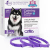 Una caja de 3 collares calmantes para perros junto a collares morados.