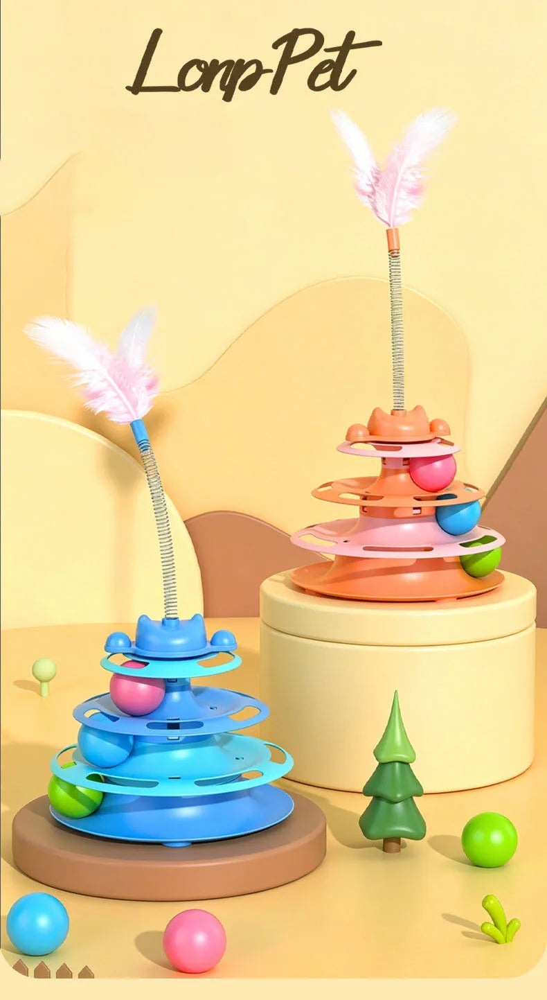 Interactive Cat Turntable Toy with Feather Wand and Rolling Ball