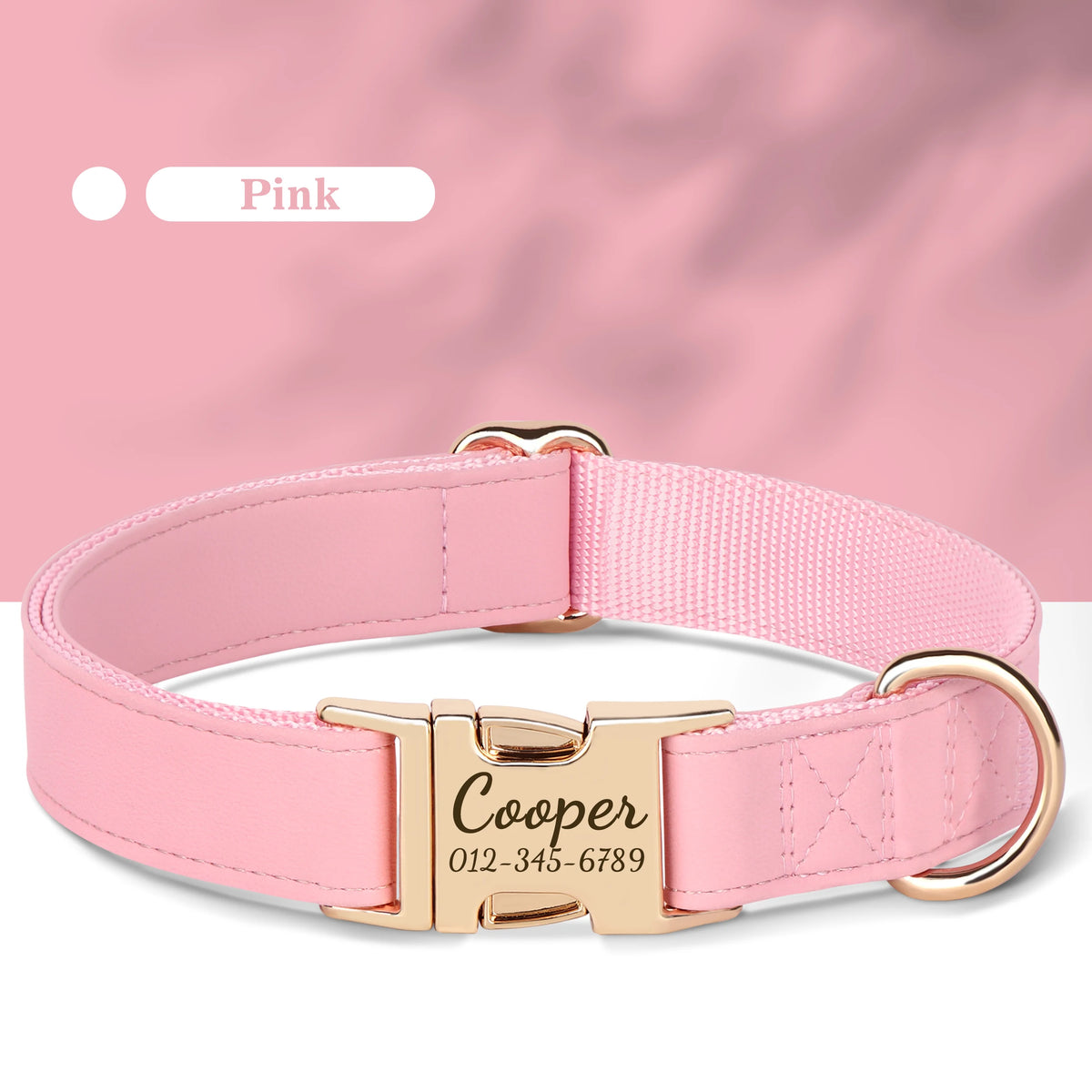 Pink custom engraved leather dog collar with a gold nameplate and buckle.
