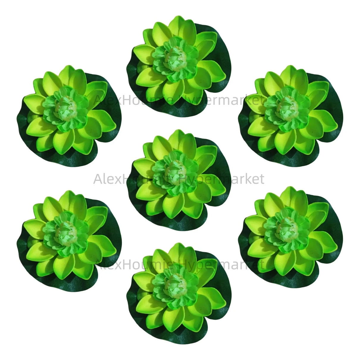 A set of seven floating foam lotus flowers with water lily pads in various shades of green.
