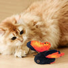 A fluffy orange cat is looking at a black and orange butterfly toy on a wooden floor.