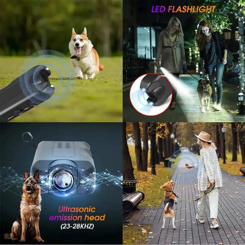 Portables Ultraschall-Trainings- und Abschreckgerät für Hunde, gezeigt als Taschenlampe und Handgerät.