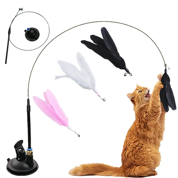 A fluffy orange cat is playing with a feather wand toy, featuring black, white, and pink feathers.