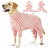 Golden Retriever trägt einen rosa-weiß gestreiften Fleece-Winterpullover mit passenden Ohren.