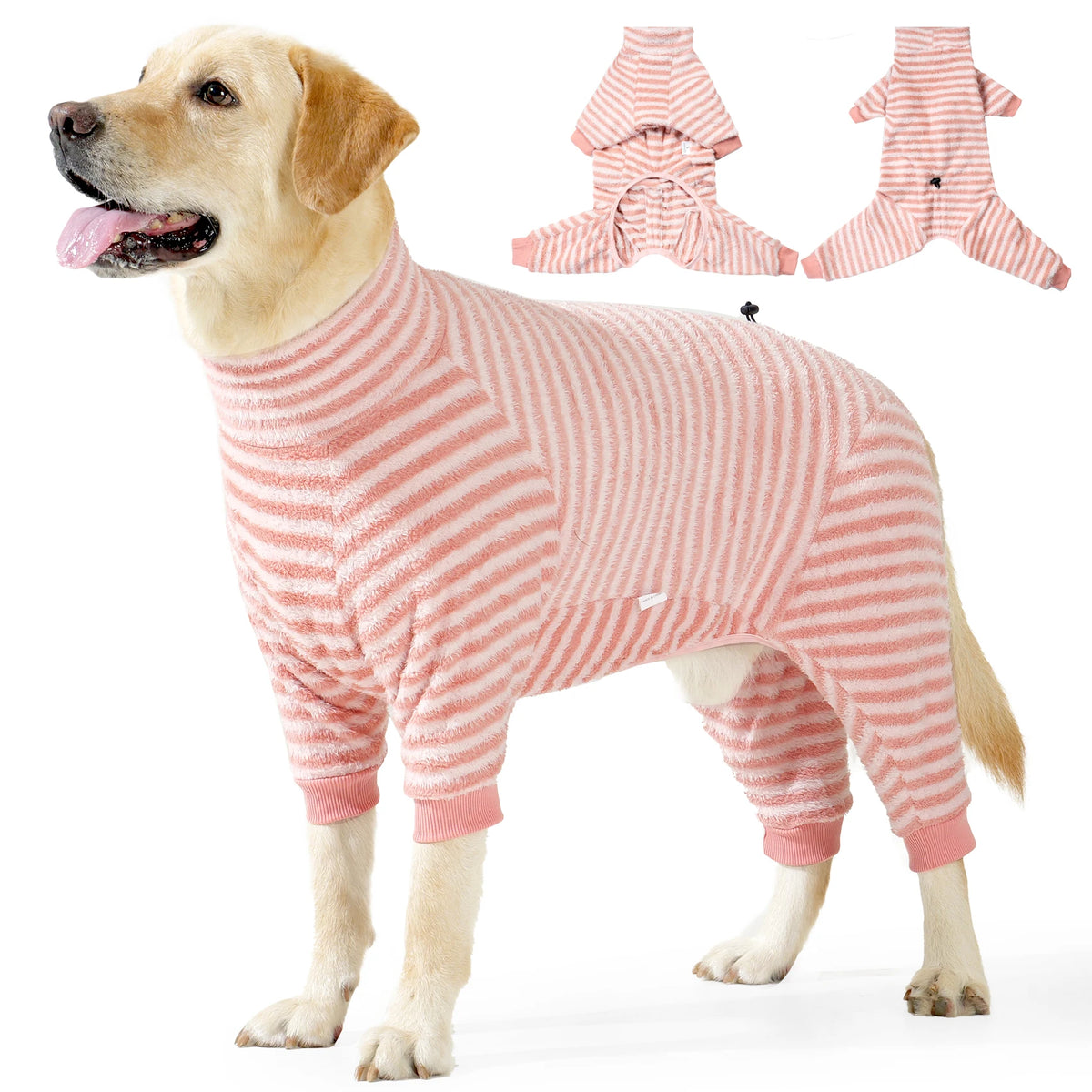 Golden Retriever trägt einen rosa-weiß gestreiften Fleece-Winterpullover mit passenden Ohren.