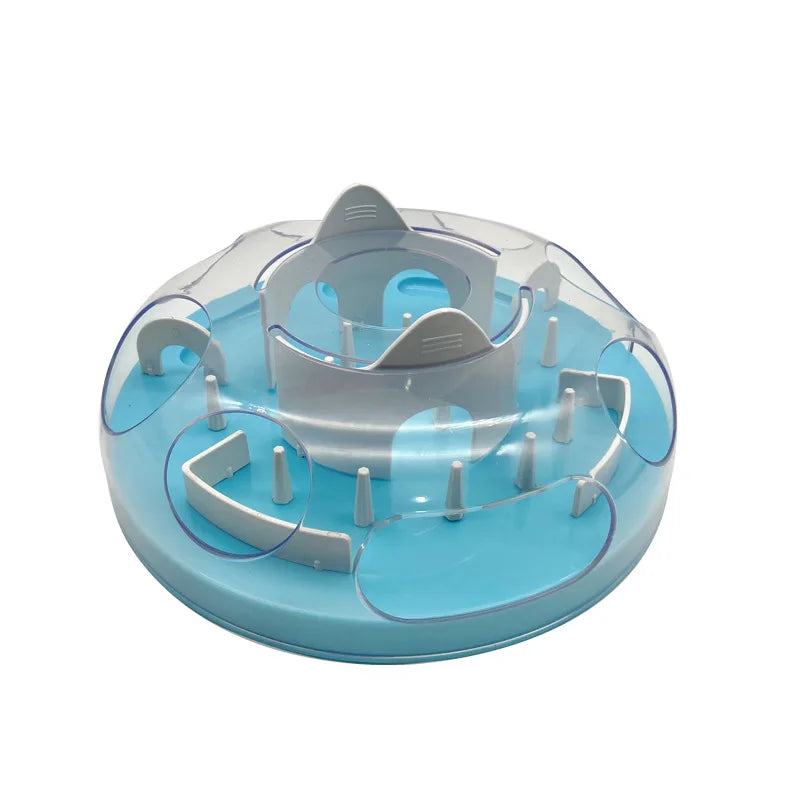 A light blue interactive puzzle maze slow feeder bowl for pets with raised ridges and tunnels.