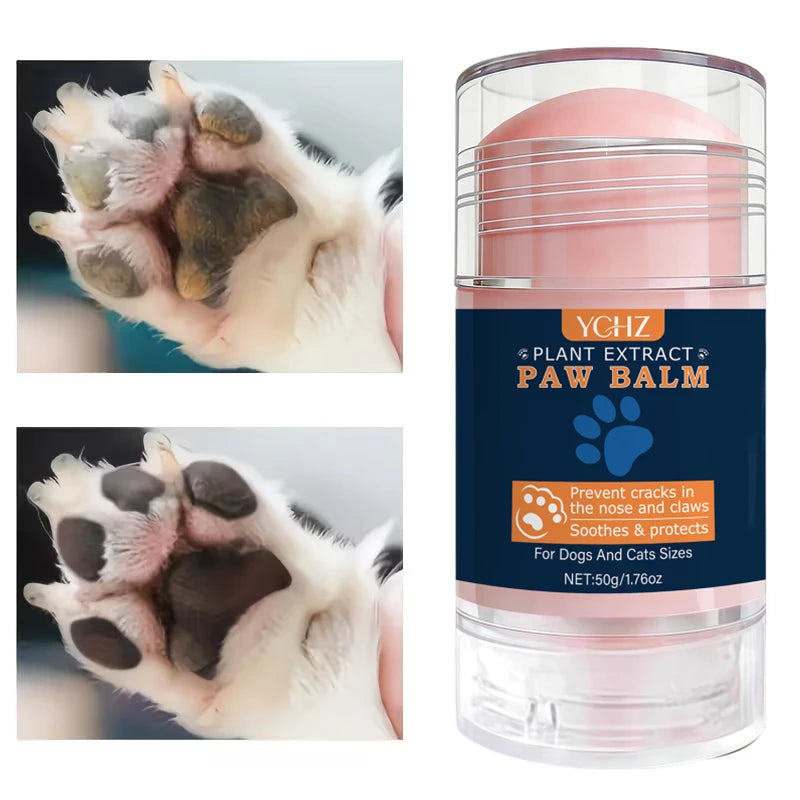 A glass jar of YCHZ Plant Extract Paw Balm with a pink lid and a paw print design.