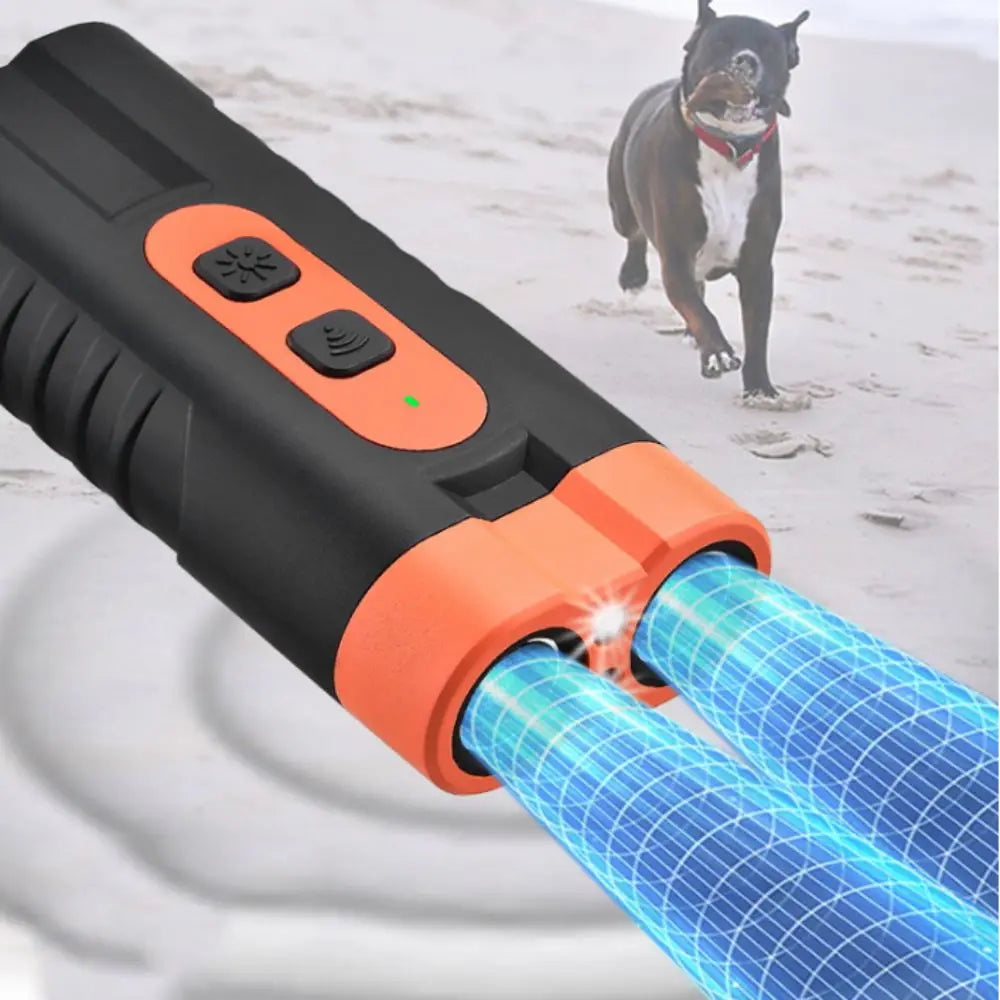 Close-up view of a black ultrasonic dog repeller device with an orange body and blue ultrasonic emitters.
