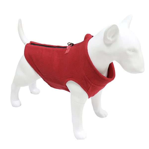 A red soft fleece dog vest displayed on a white dog mannequin.