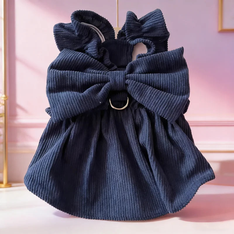 Vintage Corduroy Pet Dress with Bow and Ruffle Skirt
