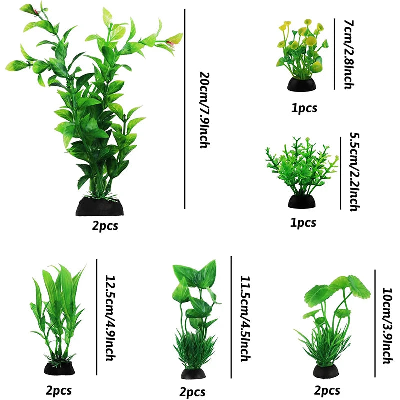 Set of artificial green water grass decorations for fish tanks, shown in various sizes and quantities.
