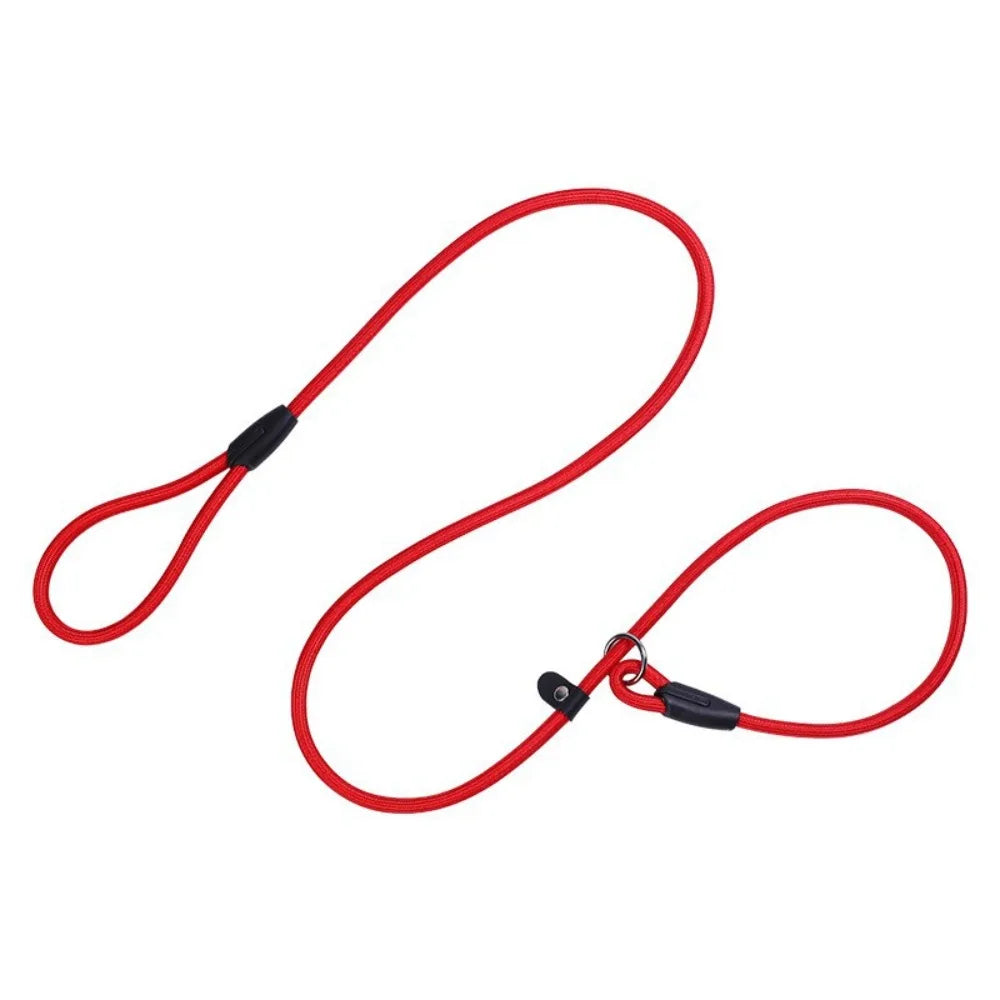 Red adjustable nylon dog slip leash with a hook end