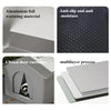 Components of an insulated outdoor cat house including aluminum foil, anti-slip material, and closed door curtains.
