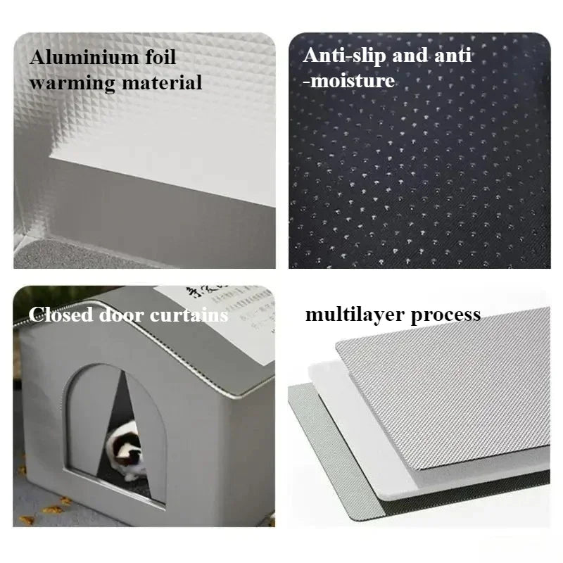 Components of an insulated outdoor cat house including aluminum foil, anti-slip material, and closed door curtains.