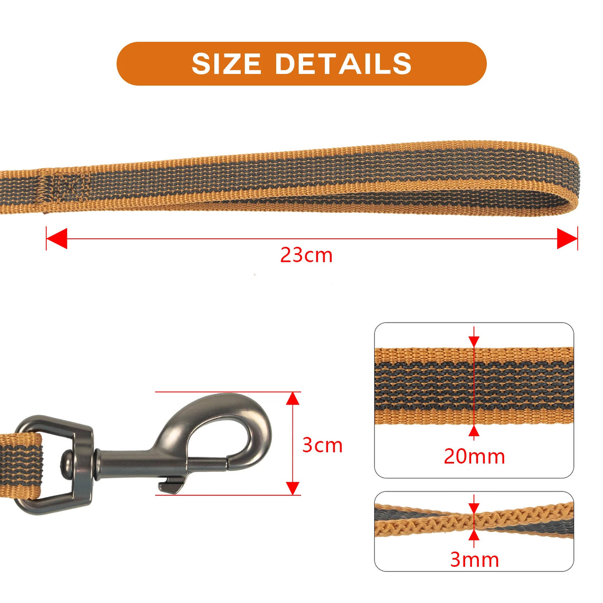 Size details of an adjustable lightweight dog leash showing the length and hardware dimensions.