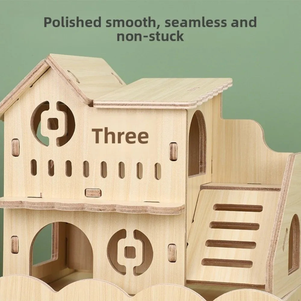 Natural Wooden Hamster Villa with Climbing Platform