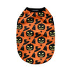 Orange pet shirt featuring a repeating pattern of jack-o'-lantern faces and witch hats.