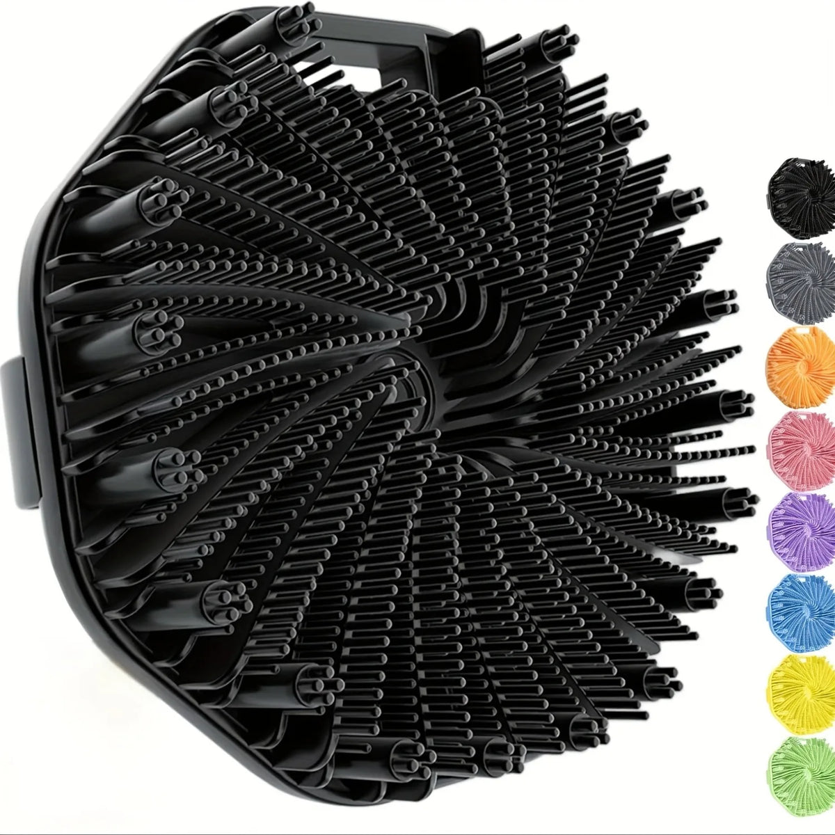 A black silicone exfoliating brush with numerous bristles and various colored exfoliating pads.
