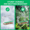 Clear acrylic window bird feeder with a green tray and suction cups, shown in snowy and rainy weather contexts.
