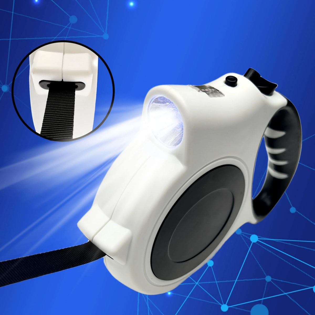 A white illuminated retractable dog leash with an LED light is shown against a blue background.