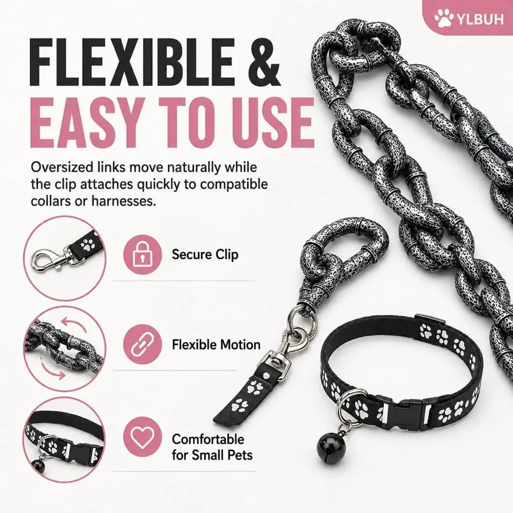 A close-up of a flexible faux chain dog collar and leash with a clip, designed for small pets.
