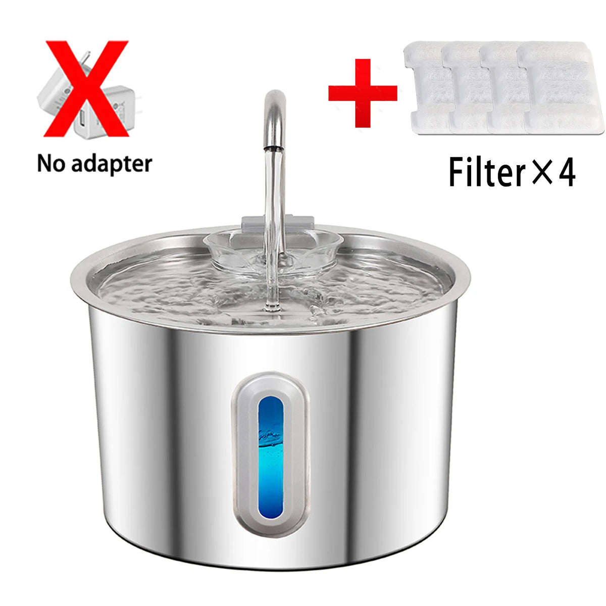 Stainless steel cat water fountain with a spout and four replacement filters shown next to the unit.