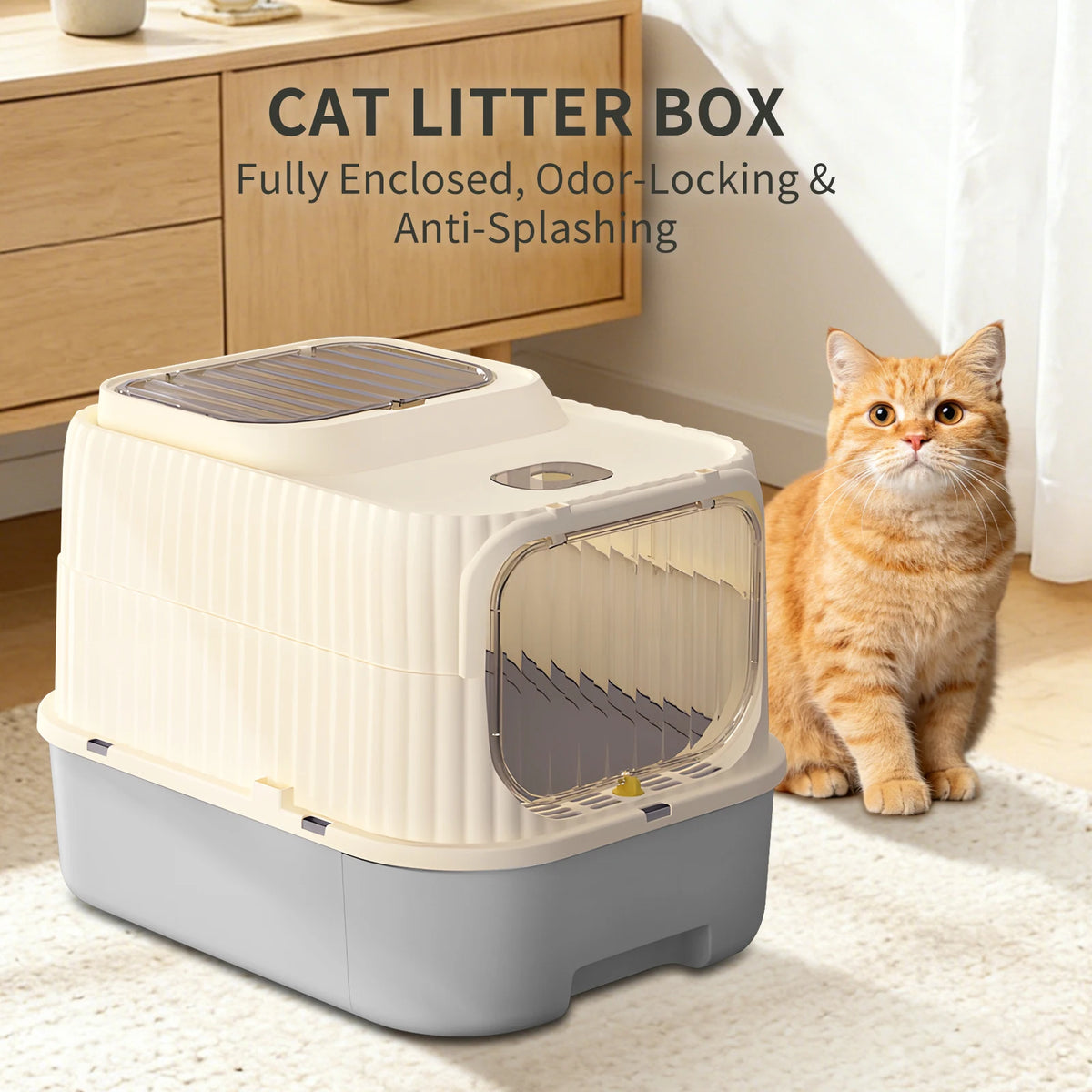 A beige and gray fully enclosed cat litter box sitting on a light rug next to an orange tabby cat.
