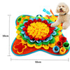 A colorful pet sniffing training blanket for dogs with a large flower-shaped fabric and a golden retriever puppy.