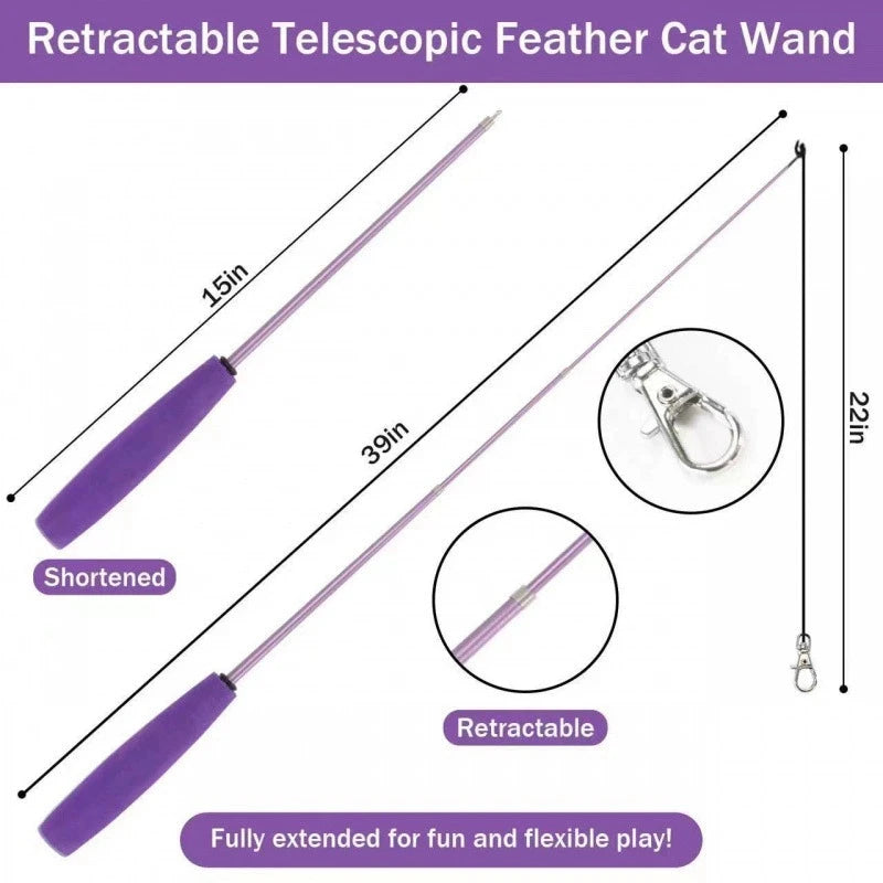 A purple retractable telescopic feather cat wand toy with a plush replacement and various lengths shown.
