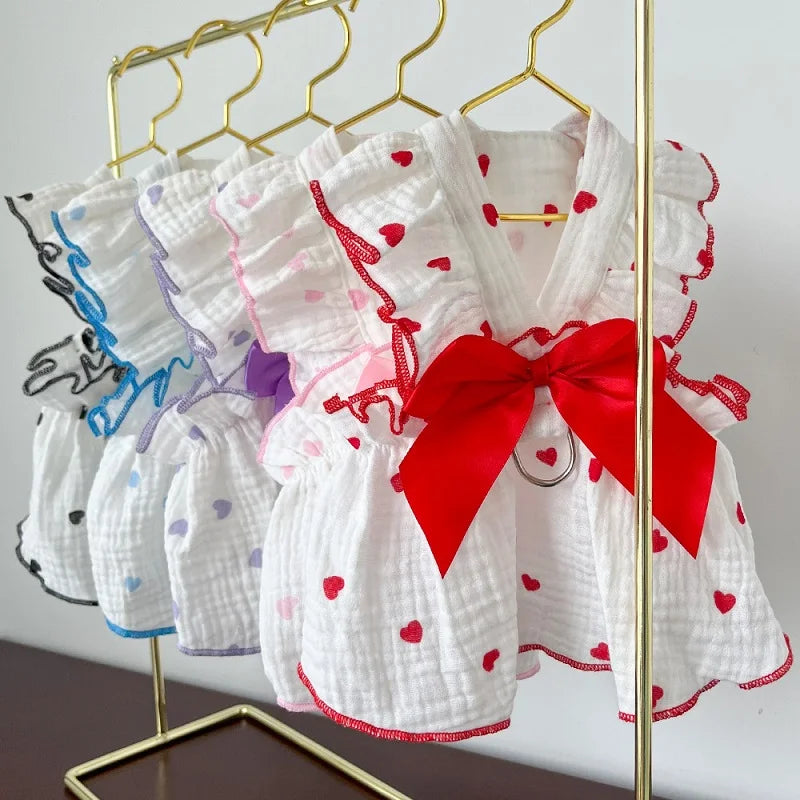 Cool Cotton Summer Dress for Small Dogs with Bow Print