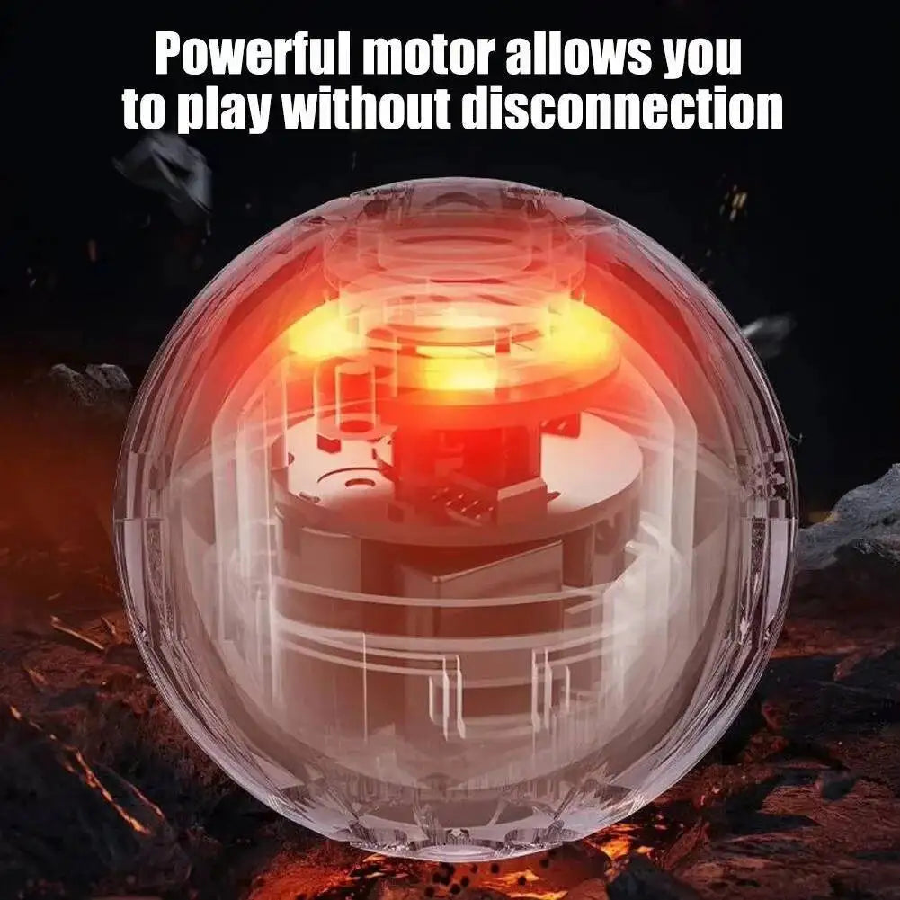 A clear spherical device with an internal light glows, suggesting a motor allows play without disconnection.