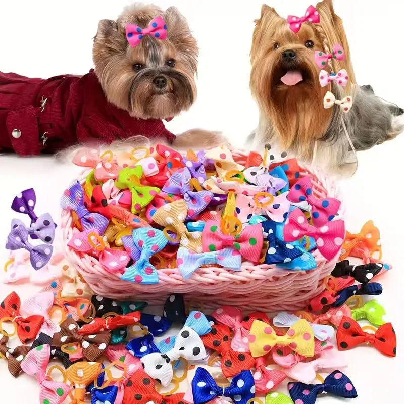 Handmade Dog Hair Bows with Rubber Bands - Colorful Wave & Flower Print Pet Grooming Accessories (50-Piece Set)