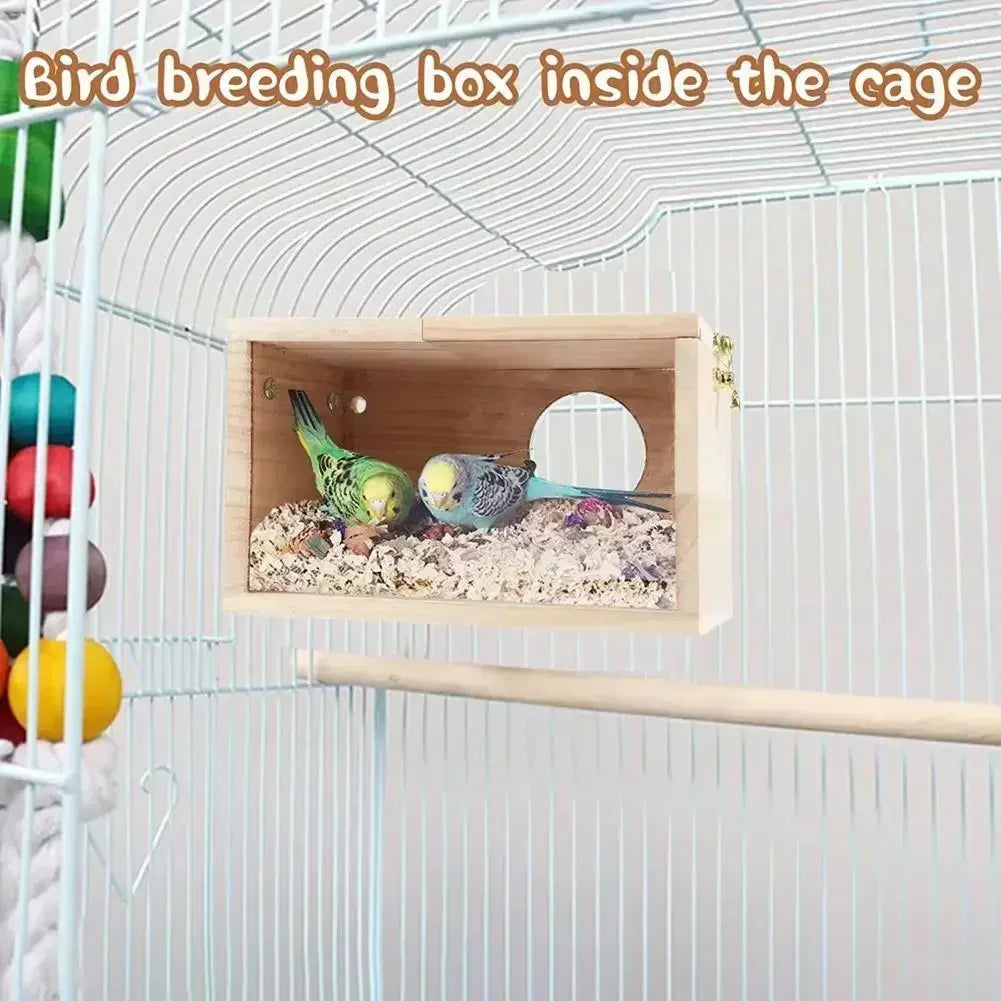 A wooden bird breeding box with a circular viewing panel is placed inside a wire cage.