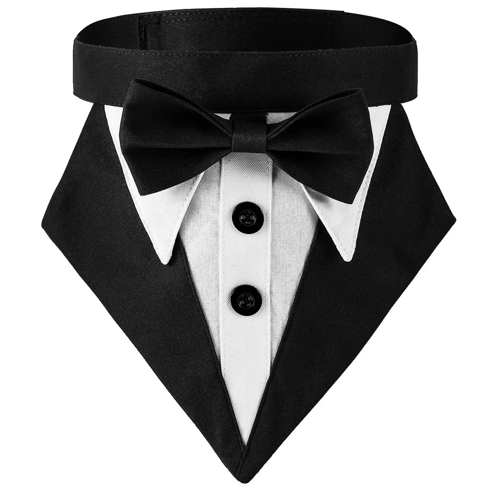 Black formal tuxedo dog bandana with a black bow tie and white shirt