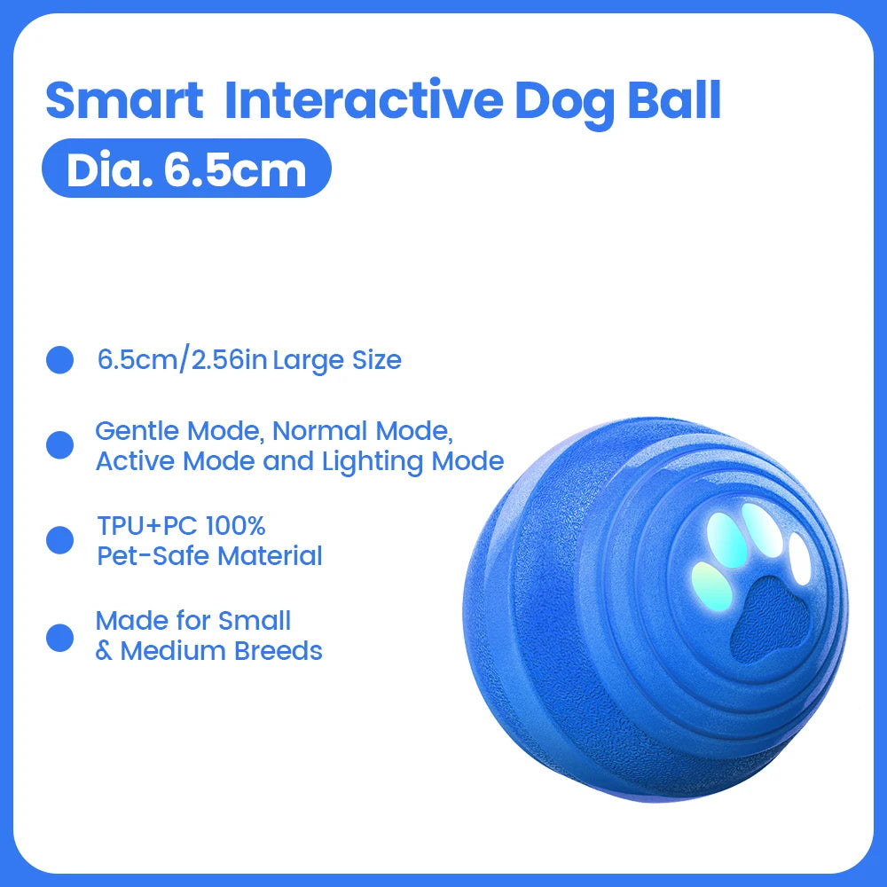 A bright blue smart interactive dog ball with glowing paw prints, designed for small and medium breeds.