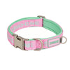 Pink woven dog collar with an alloy buckle and soft lining.