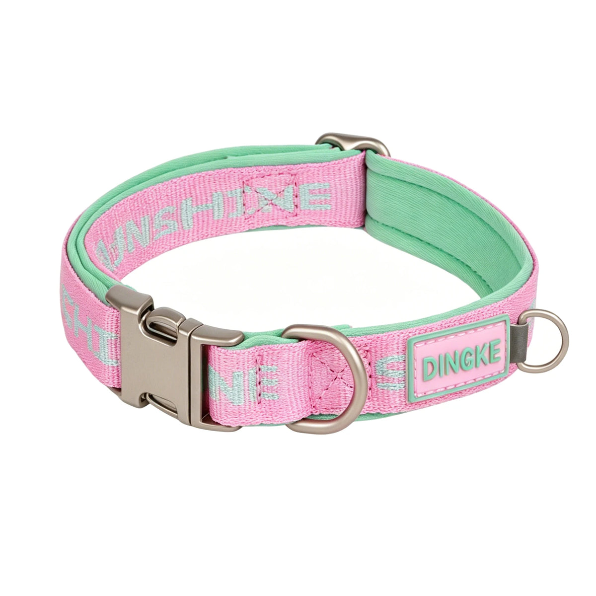 Pink woven dog collar with an alloy buckle and soft lining.