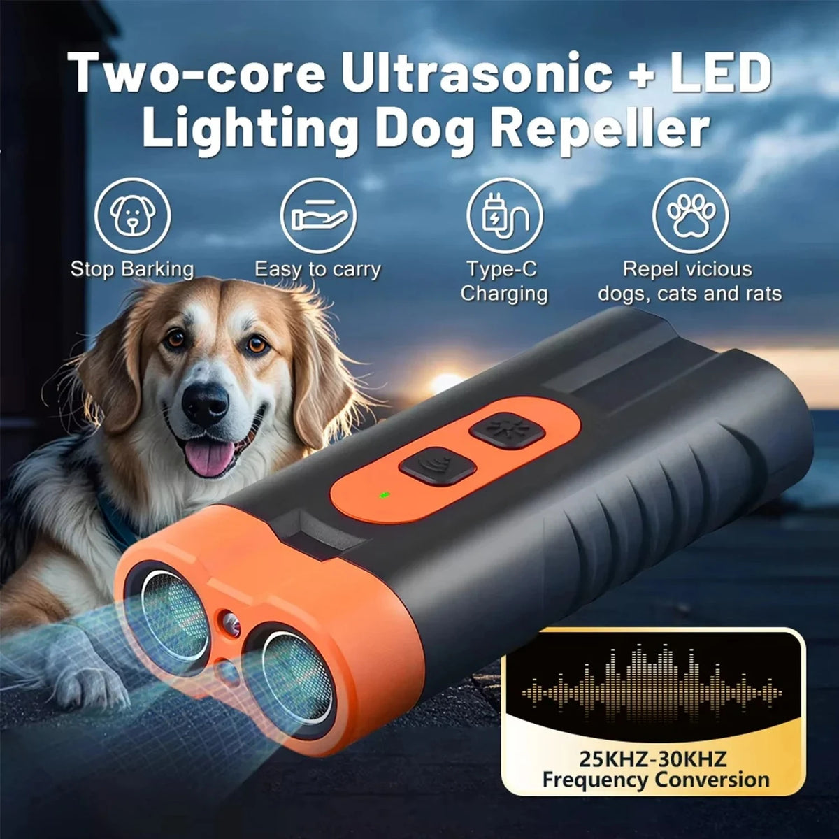 Ein Zwei-Kern-Ultraschall- und LED-Gerät zur Hundeabwehr, gezeigt neben einem Hund, das seine Funktion demonstriert.