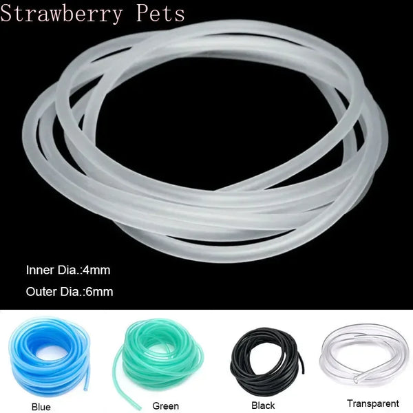 A set of clear silicone aquarium air tubing in blue, green, black, and transparent colors.
