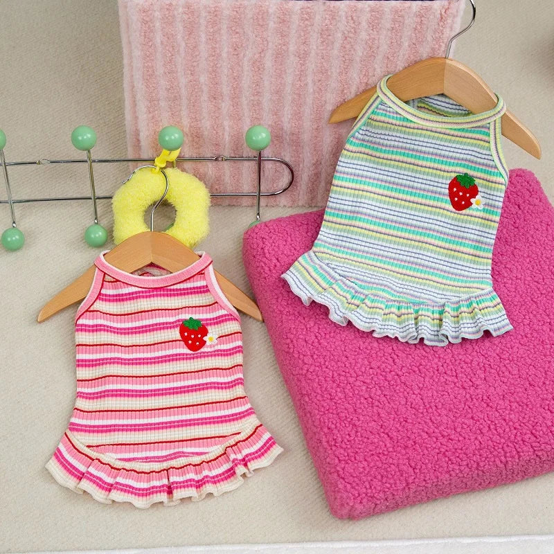 Summer Suspender Dog Dress - Striped Strawberry Print