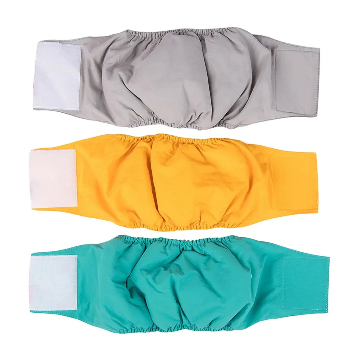 Three reusable cotton dog belly bands in gray, yellow, and teal.