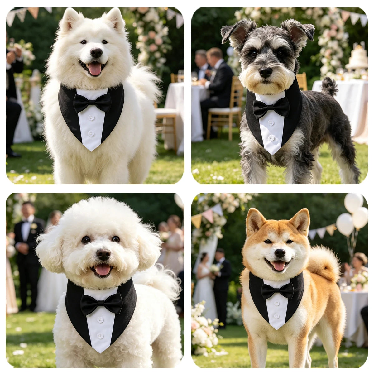 A collage of three fluffy white and gray dogs wearing black bow tie tuxedos in an outdoor party setting.