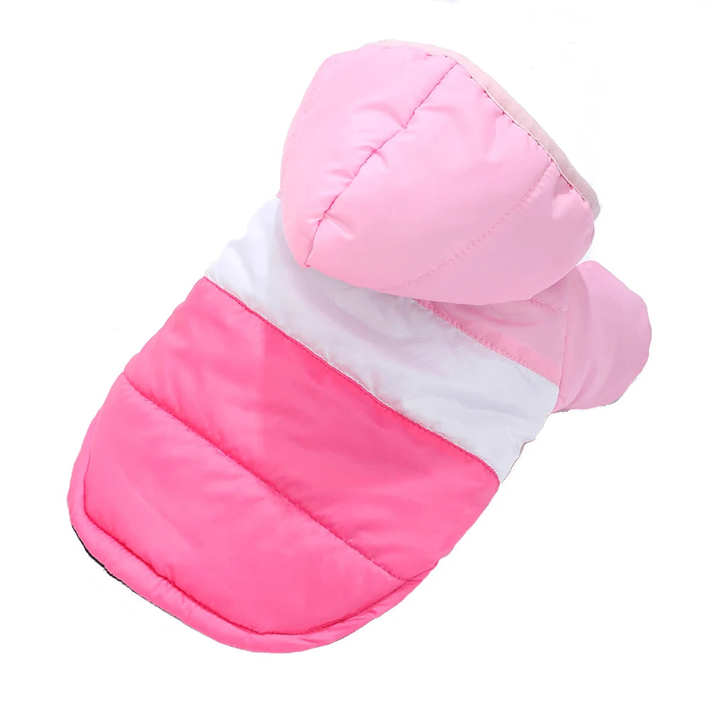 Pink and white quilted fleece hoodie dog jacket with a D-ring for small and medium pets