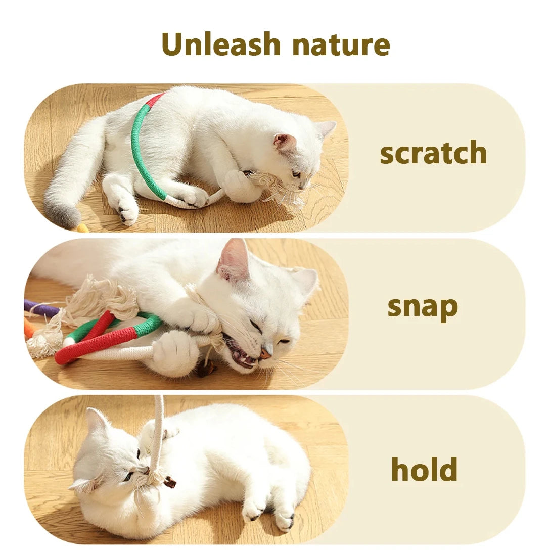 A white kitten is shown interacting with a durable cotton rope cat toy, demonstrating scratch, snap, and hold actions.