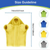 Size guideline showing various sizes of a bearded dragon costume in yellow, green, blue, and gray.