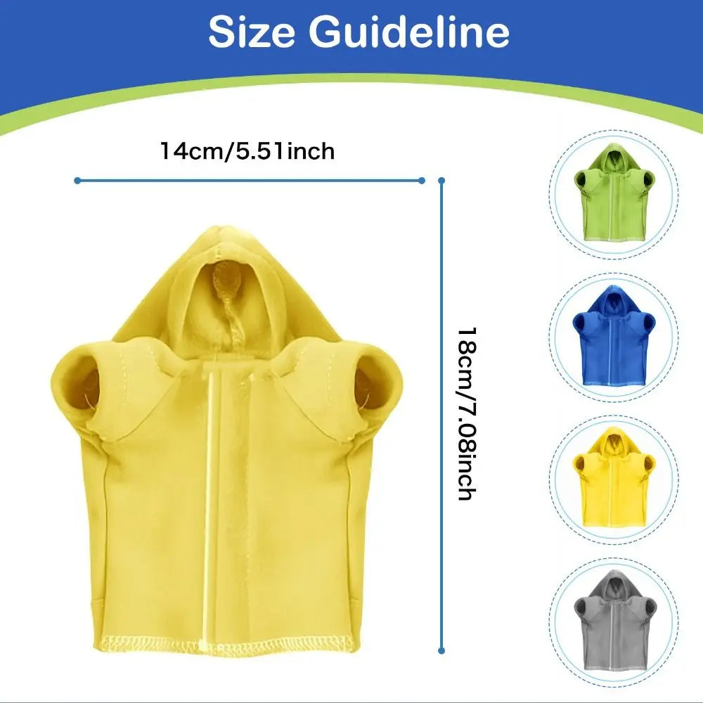 Size guideline showing various sizes of a bearded dragon costume in yellow, green, blue, and gray.