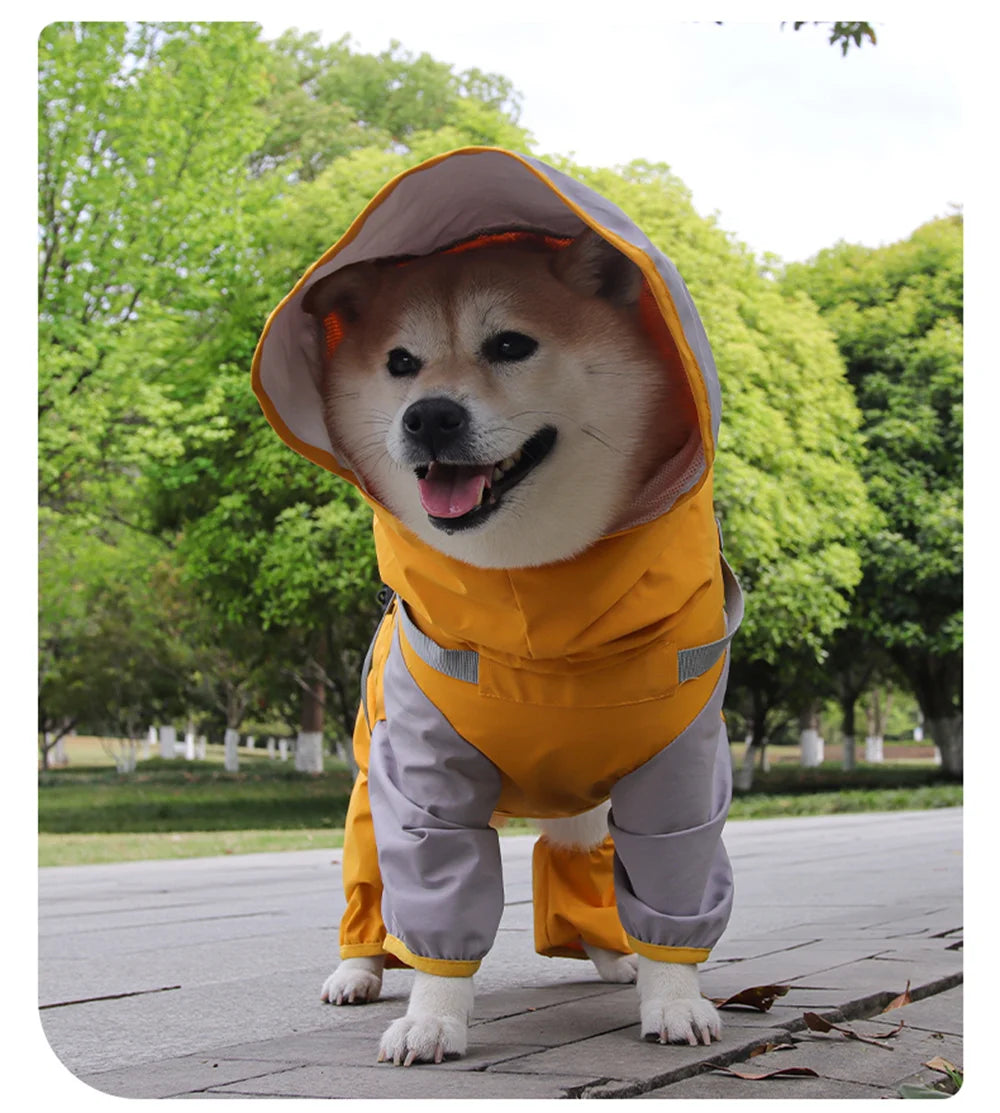 Double-Layer Waterproof Dog Raincoat with Built-in Harness and Detachable Hood