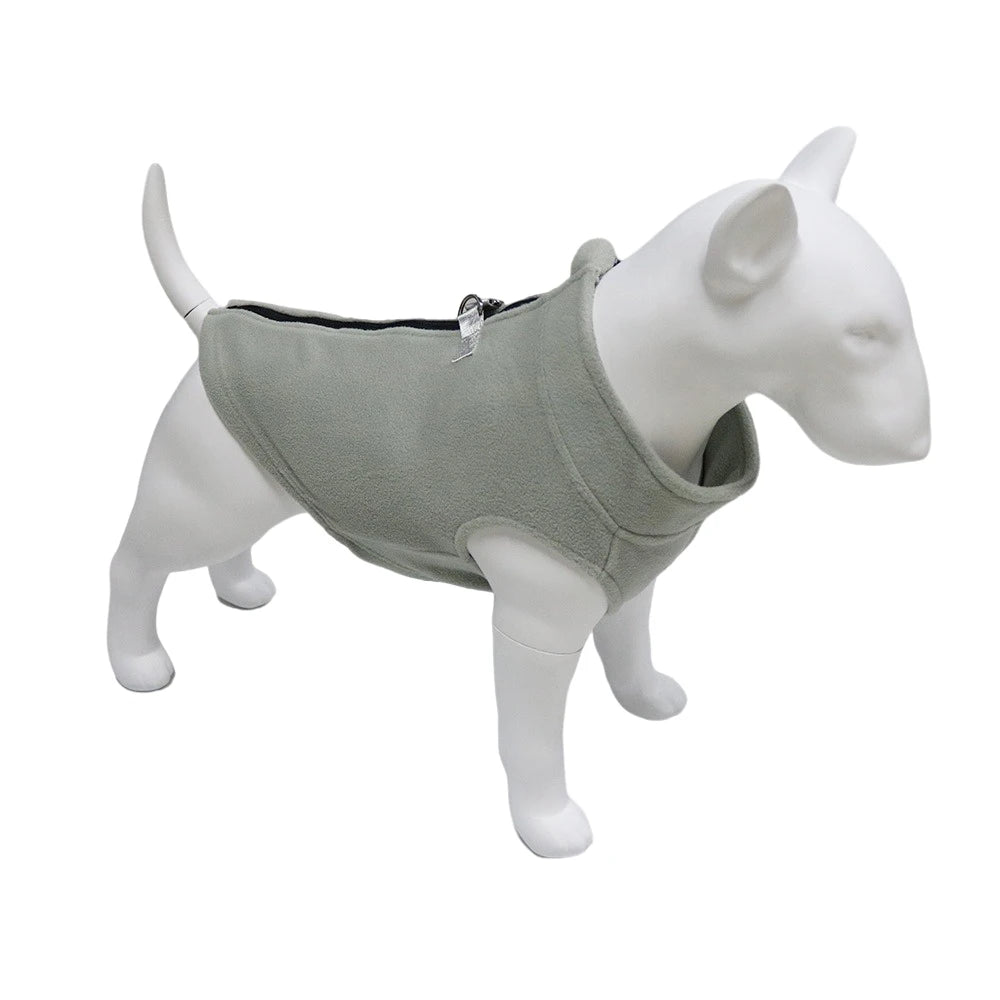 A light gray soft fleece dog vest is displayed on a white dog model.