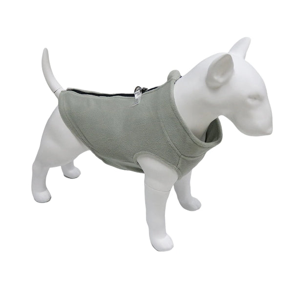 A light gray soft fleece dog vest is displayed on a white dog model.