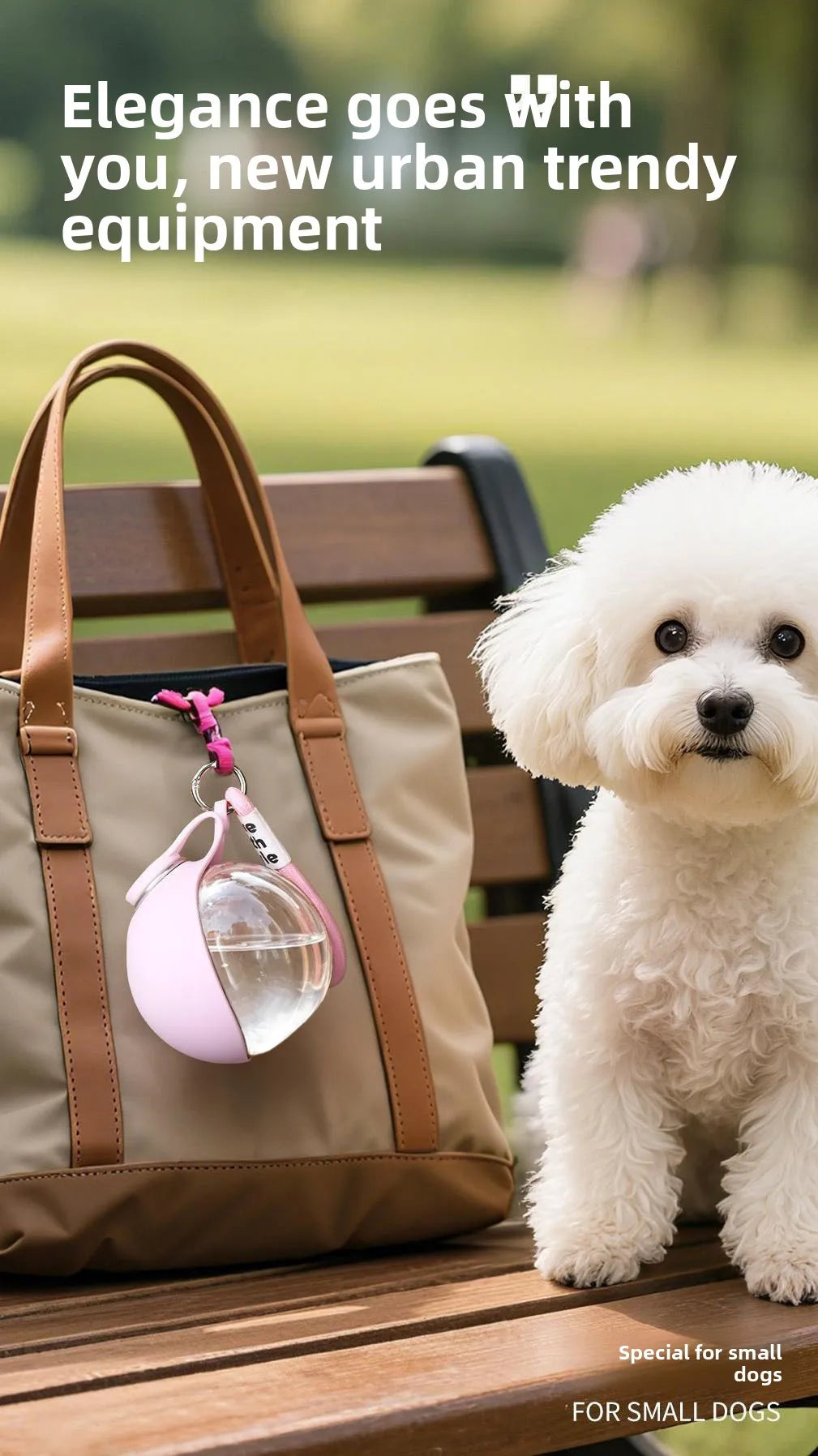 A fluffy white dog sits next to a tan leather bag featuring a pink water bottle dispenser.